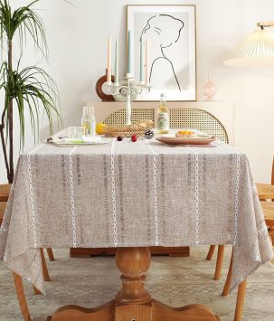 Chassic 60 x 84 inches Farmhouse Style Linen tablecloths, Wrinkle Resistant Washable Dining Room Table Cloths for Rectangle Tables - Hemstitch Light Coffee