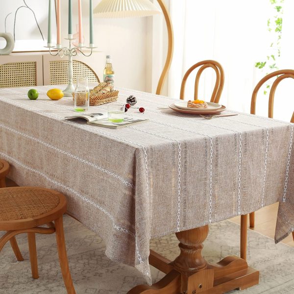Chassic 60 x 84 inches Farmhouse Style Linen tablecloths, Wrinkle Resistant Washable Dining Room Table Cloths for Rectangle Tables - Hemstitch Light Coffee - Image 2