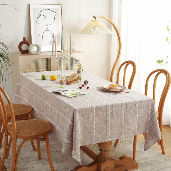 Chassic 60 x 84 inches Farmhouse Style Linen tablecloths, Wrinkle Resistant Washable Dining Room Table Cloths for Rectangle Tables - Hemstitch Light Coffee - Image 3