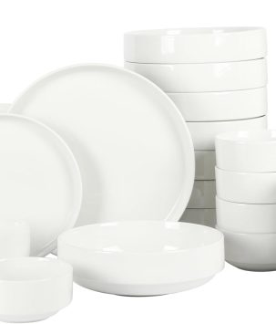 Gibson Home Rothernberg Stackable 40 Piece, Service for 8, White Porcelain Plates and Bowls Set