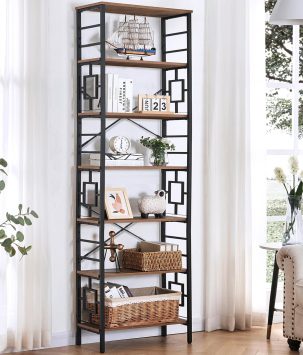 HOMISSUE Tall Bookshelf, 84 Inch Industrial Bookshelf with Metal Frame and Open Shelves, 7 Tier Metal Bookshelves and Bookcases, Rustic Tall Book Shelf for Office, Living Room and Bedroom, Brown