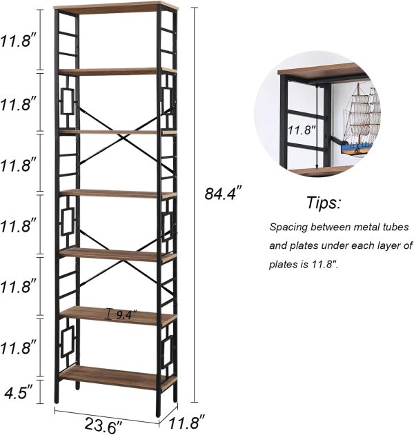 HOMISSUE Tall Bookshelf, 84 Inch Industrial Bookshelf with Metal Frame and Open Shelves, 7 Tier Metal Bookshelves and Bookcases, Rustic Tall Book Shelf for Office, Living Room and Bedroom, Brown - Image 2