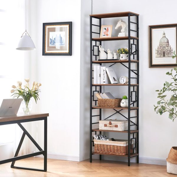 HOMISSUE Tall Bookshelf, 84 Inch Industrial Bookshelf with Metal Frame and Open Shelves, 7 Tier Metal Bookshelves and Bookcases, Rustic Tall Book Shelf for Office, Living Room and Bedroom, Brown - Image 4