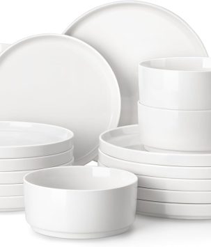 MALACASA 18 Pieces Porcelain Dinnerware Set, Modern White Dish Set for 6, Premium Serving Plates and Bowls Sets, Chip and Scratch Resistant Dishware Sets Kitchen Dishes Dining Ware Set, Series LEAH