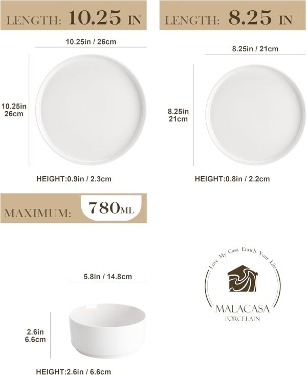 MALACASA 18 Pieces Porcelain Dinnerware Set, Modern White Dish Set for 6, Premium Serving Plates and Bowls Sets, Chip and Scratch Resistant Dishware Sets Kitchen Dishes Dining Ware Set, Series LEAH - Image 2