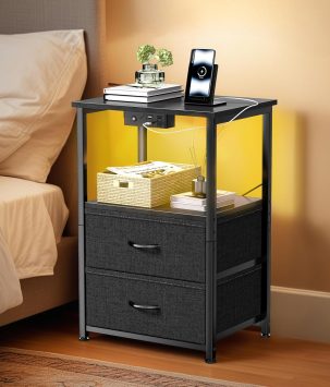 Nightstand with Charging Station and LED Lights, Small Night Stand for Bedroom with Fabric Drawer and Storage Shelf, End Table with Waterproof Top, Easy Assembly, Black