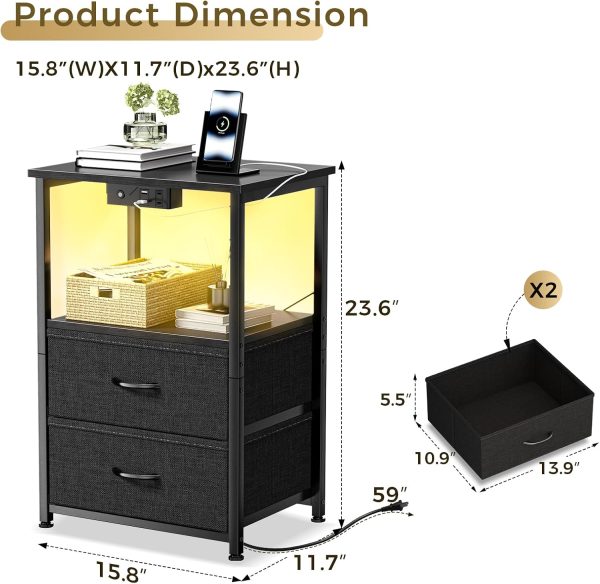 Nightstand with Charging Station and LED Lights, Small Night Stand for Bedroom with Fabric Drawer and Storage Shelf, End Table with Waterproof Top, Easy Assembly, Black - Image 2
