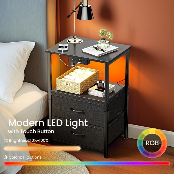 Nightstand with Charging Station and LED Lights, Small Night Stand for Bedroom with Fabric Drawer and Storage Shelf, End Table with Waterproof Top, Easy Assembly, Black - Image 3