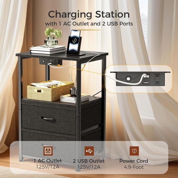 Nightstand with Charging Station and LED Lights, Small Night Stand for Bedroom with Fabric Drawer and Storage Shelf, End Table with Waterproof Top, Easy Assembly, Black - Image 4