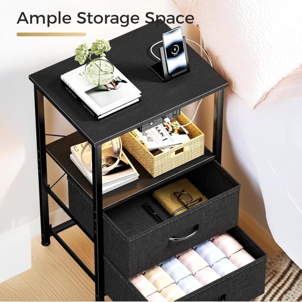 Nightstand with Charging Station and LED Lights, Small Night Stand for Bedroom with Fabric Drawer and Storage Shelf, End Table with Waterproof Top, Easy Assembly, Black - Image 5