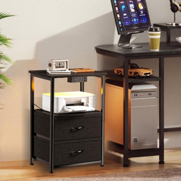 Nightstand with Charging Station and LED Lights, Small Night Stand for Bedroom with Fabric Drawer and Storage Shelf, End Table with Waterproof Top, Easy Assembly, Black - Image 6