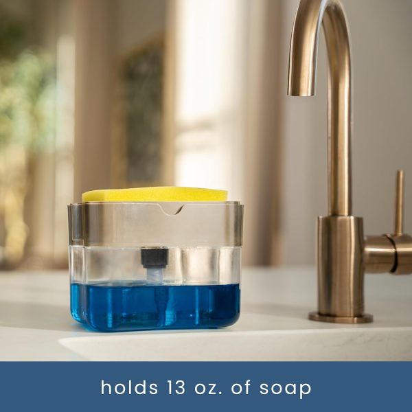 S&T INC. Dish Soap Dispenser and Sponge Holder for Kitchen Sink, Sponge Included, 13 Ounces, Metallic Silver - Image 5