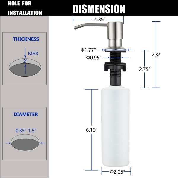 Sink Soap Dispenser Brushed Nickel, Soap Dispenser for Kitchen Sink Stainless Steel Refill from The Top Built in Sink Soap Dispenser with 13 OZ Soap Bottle - Image 6