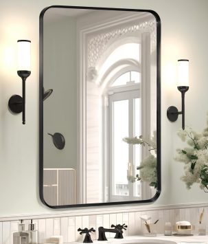 Wall Mount Mirror for Bathroom, Brushed Black Metal Framed Rounded Corner Rectangular Vanity Mirror (24" x 36", Black)