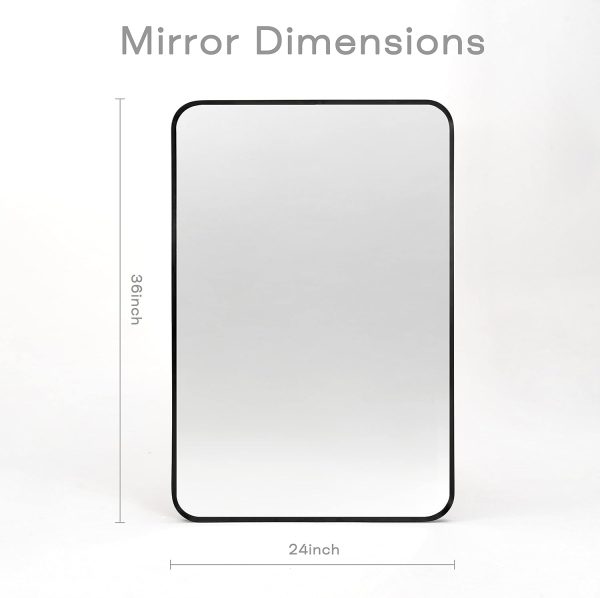 Wall Mount Mirror for Bathroom, Brushed Black Metal Framed Rounded Corner Rectangular Vanity Mirror (24" x 36", Black) - Image 2