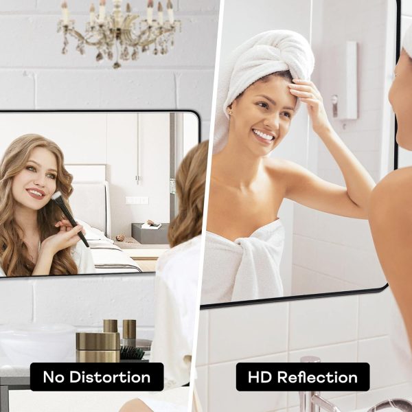 Wall Mount Mirror for Bathroom, Brushed Black Metal Framed Rounded Corner Rectangular Vanity Mirror (24" x 36", Black) - Image 4